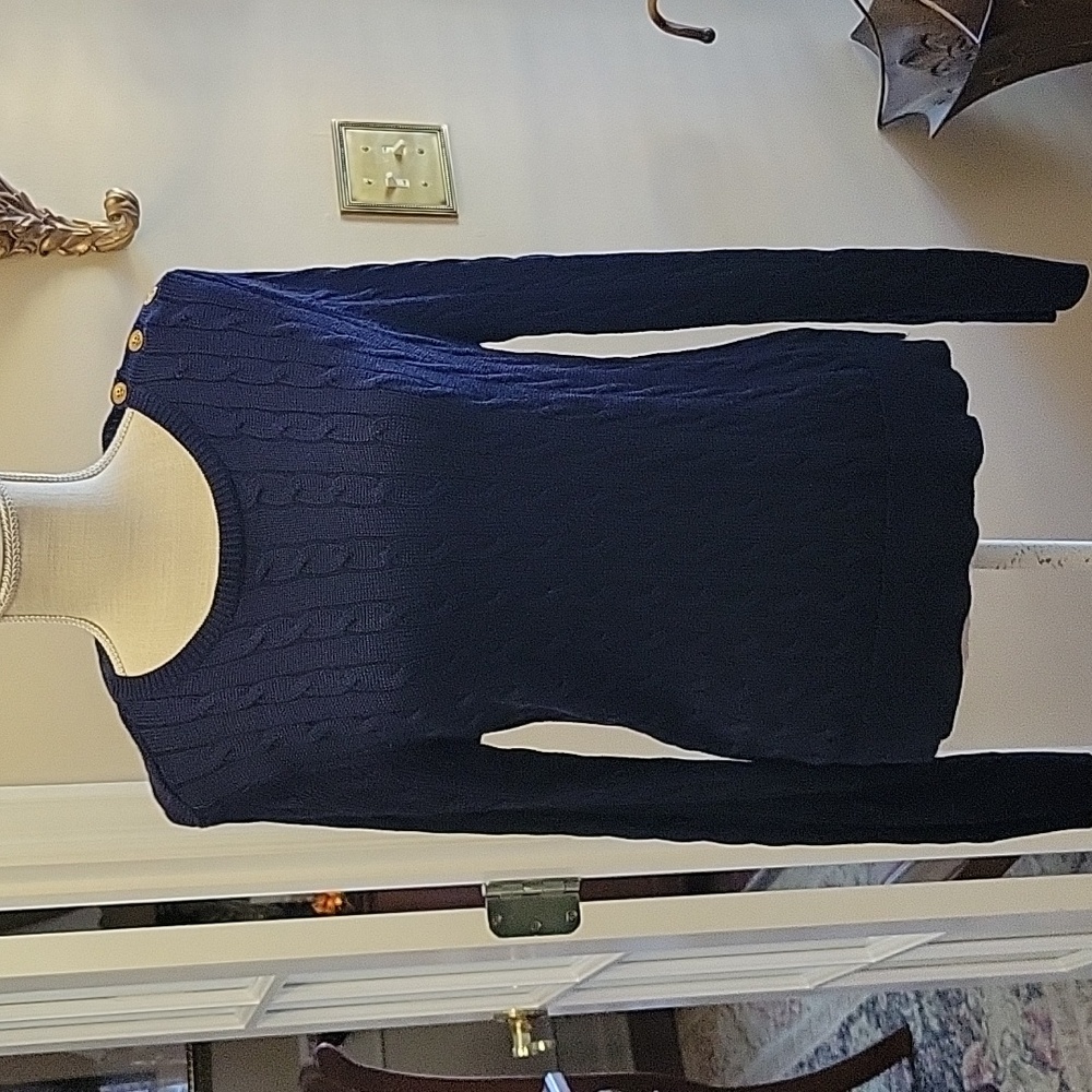 Lauren Ralph Lauren Petite navy cable knit pullover sweater long sleeve PL EUC …